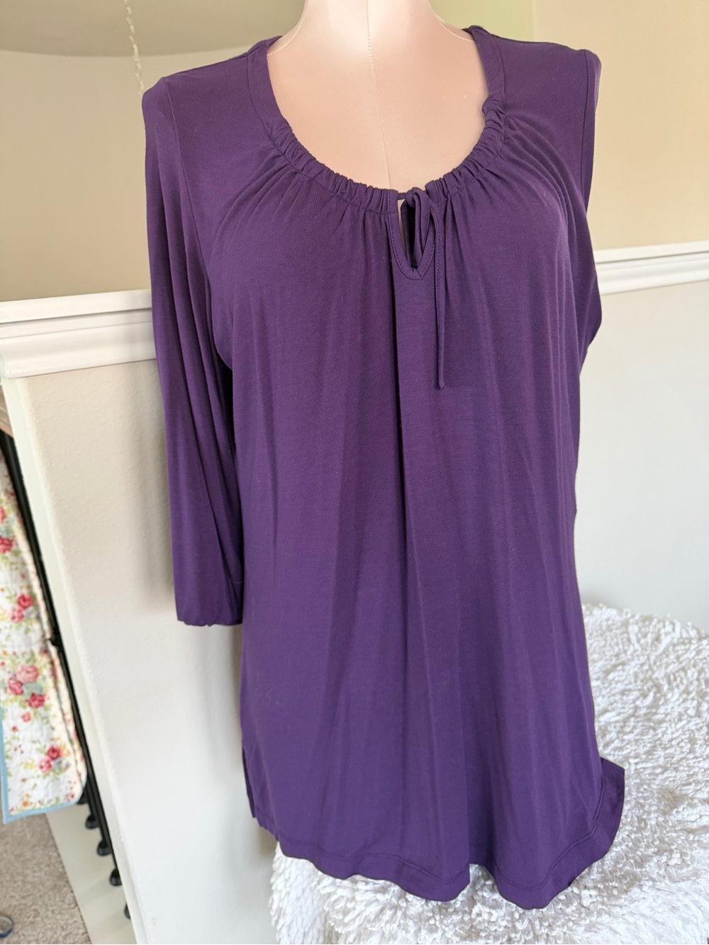 Chico's Deep Purple Tie-Detail Long Sleeve Scoop Top